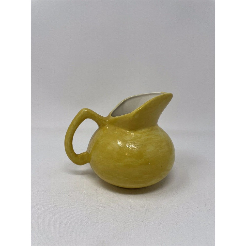 Vintage Pottery Yellow Crackle Glaze 4”H Round Pitcher Vase Handle
